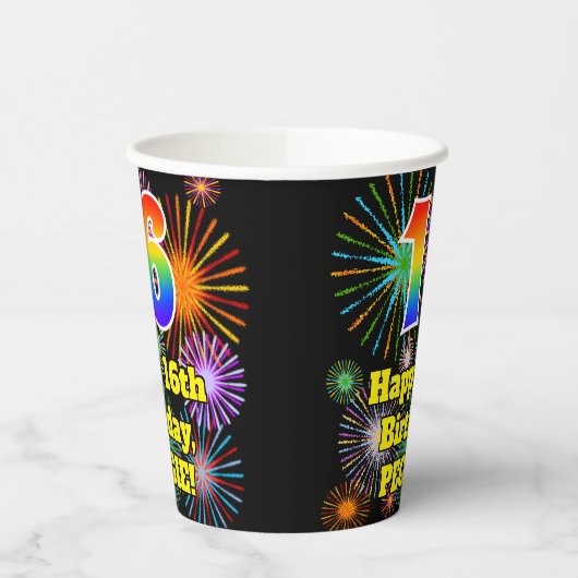 Gobelets En Papier 16e anniversaire : Fun Motif feux d'artifice + Arc (Gauche)