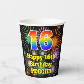 Gobelets En Papier 16e anniversaire : Fun Motif feux d'artifice + Arc (Recto)