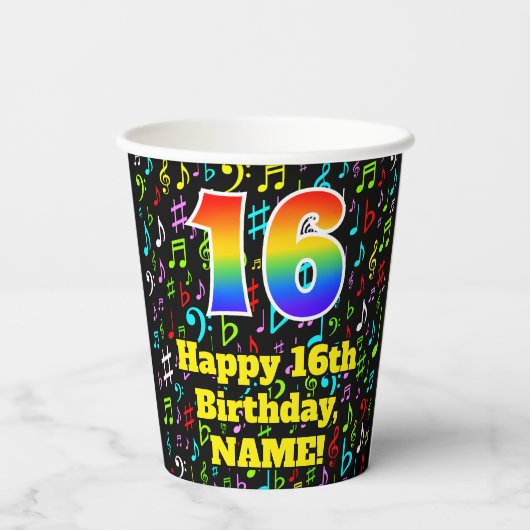 Gobelets En Papier 16e anniversaire : Fun Music Notes Motif, Rainbow  (Verso)
