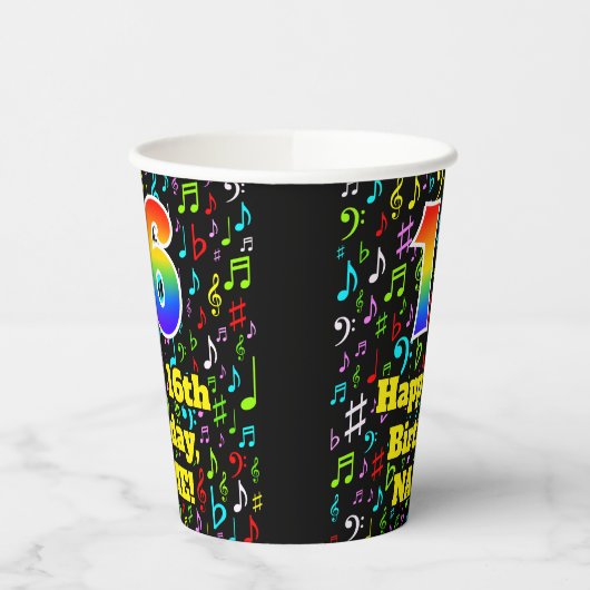 Gobelets En Papier 16e anniversaire : Fun Music Notes Motif, Rainbow  (Gauche)