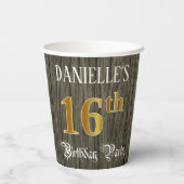 Gobelets En Papier 16e fête d'anniversaire — Faux Gold & Faux Wood Lo (Verso)