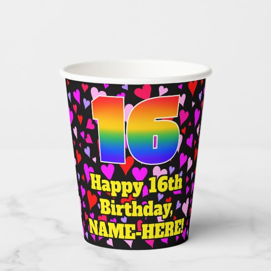 Gobelets En Papier 16th Birthday: Loving Hearts Pattern, Rainbow 16 (Verso)