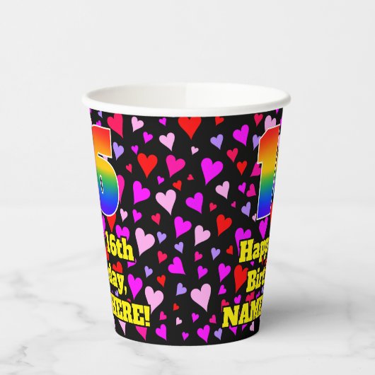 Gobelets En Papier 16th Birthday: Loving Hearts Pattern, Rainbow 16 (Gauche)