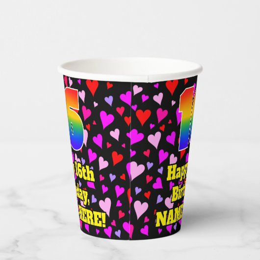 Gobelets En Papier 16th Birthday: Loving Hearts Pattern, Rainbow 16 (Droite)