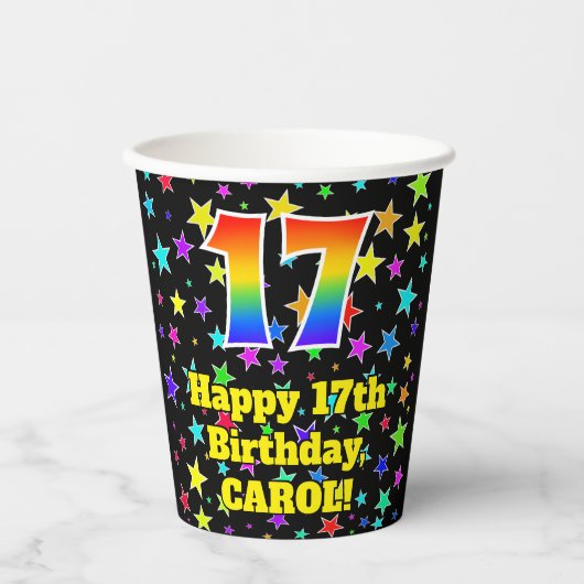 Gobelets En Papier 17e anniversaire : Fun Stars Motif et Rainbow 17 (Recto)