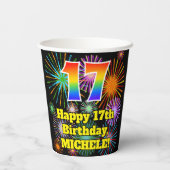 Gobelets En Papier 17ème anniversaire : Fun Fireworks Motif + Rainbow (Verso)