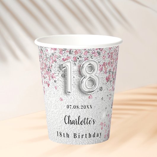 Gobelets En Papier 18e anniversaire argent rose nom de parties scinti
