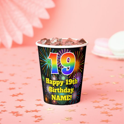Gobelets En Papier 19e anniversaire : Fun Motif feux d'artifice + Rai (Insitu)