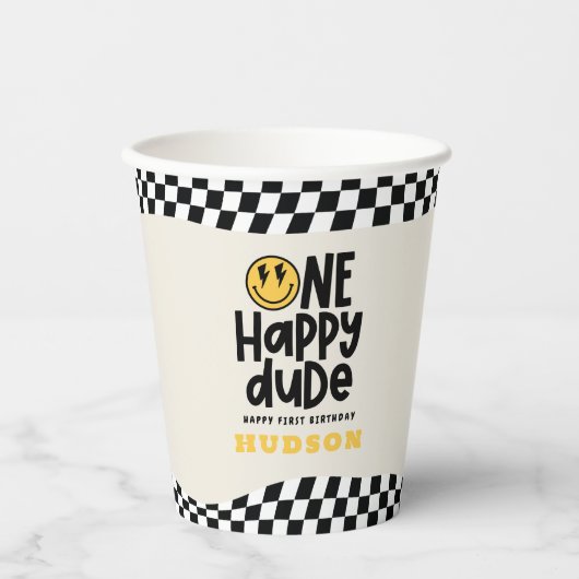 Gobelets En Papier 1anniversaire sourire visage rétro noir blanc supe (Recto)