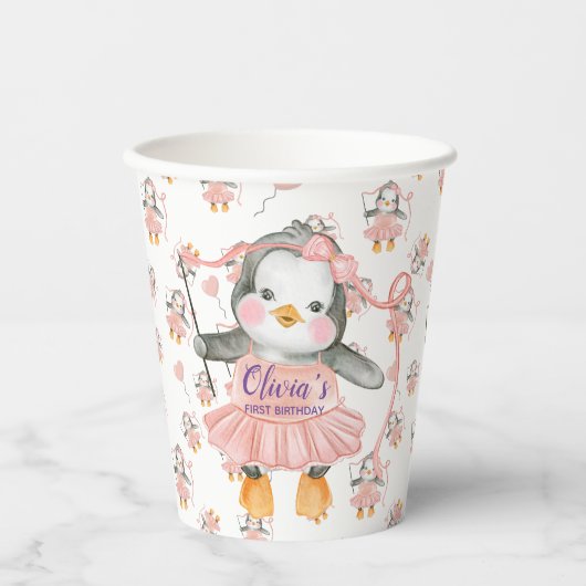 Gobelets En Papier 1er anniversaire Ballerina Penguin rose (Recto)