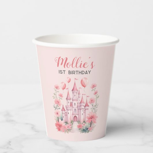 Gobelets En Papier 1er anniversaire de naissance Pink Castle Princess (Recto)