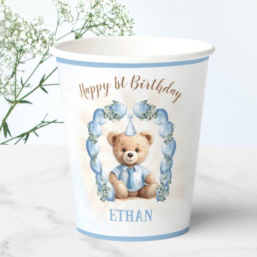Gobelets En Papier 1er Anniversaire Garçon mignon Ours en Teddy Bleu 