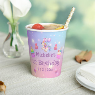 Gobelets En Papier 1er anniversaire licornes cupcakes girly coloré mi