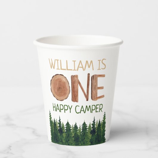 Gobelets En Papier 1er Anniversaire Nom Rustic One Happy Camper (Recto)
