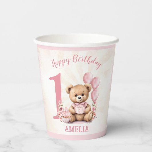 Gobelets En Papier 1er Anniversaire Ours Ballons Roses Coupes de papi (Verso)