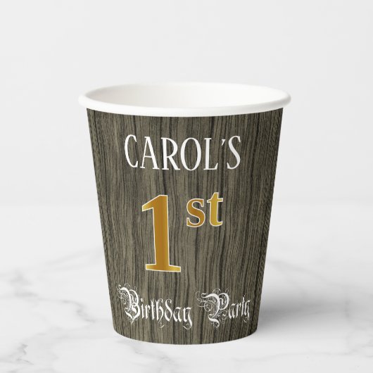 Gobelets En Papier 1ère fête d'anniversaire — Faux Gold & Faux Wood L (Recto)