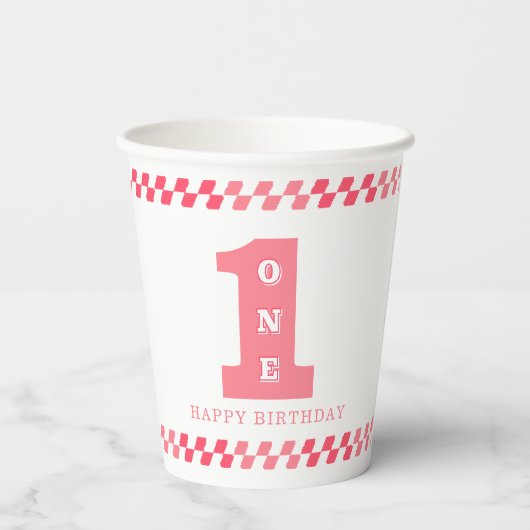 Gobelets En Papier 1ère fête d'anniversaire Filles rose un (Verso)