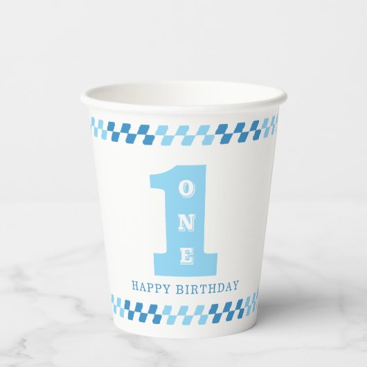Gobelets En Papier 1ère fête d'anniversaire garçons Bleu un (Verso)