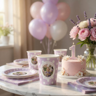 Gobelets En Papier 1st Birthday Photo & Purple Polka Dot