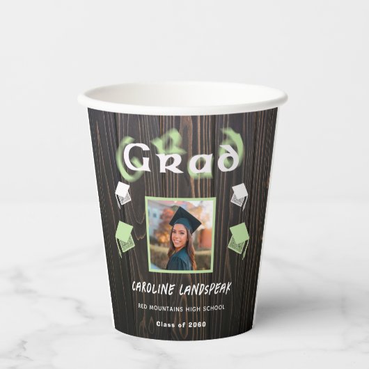 Gobelets En Papier 2025 Graduation Pale Vert Blurred Texte & Photo (Recto)