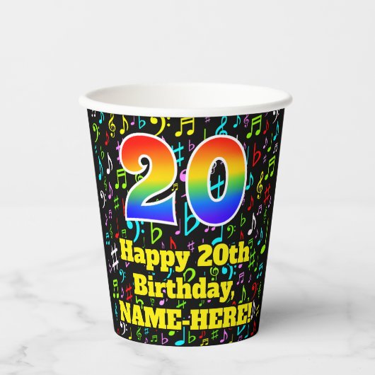 Gobelets En Papier 20e anniversaire : Fun Music Notes Motif, Rainbow (Recto)