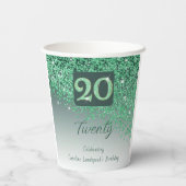 Gobelets En Papier 20th Birthday Party Gleaming Green Glitter (Verso)