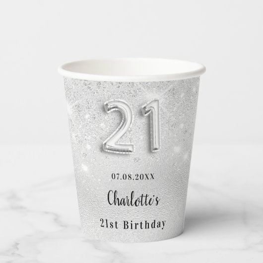 Gobelets En Papier 21e anniversaire argent nom parties scintillant gl (Verso)