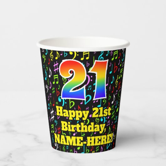 Gobelets En Papier 21e anniversaire : Fun Music Notes Motif, Rainbow  (Verso)