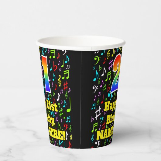 Gobelets En Papier 21e anniversaire : Fun Music Notes Motif, Rainbow  (Droite)