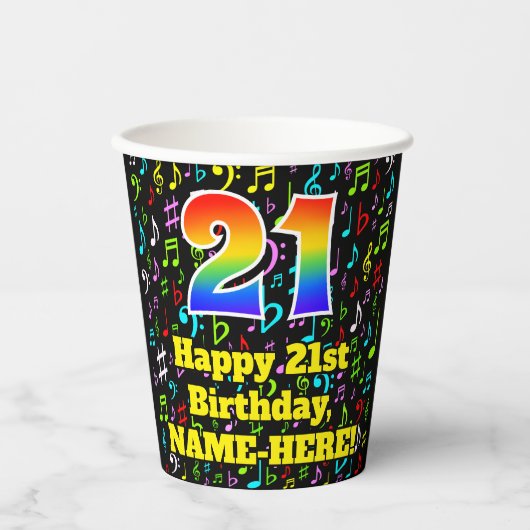 Gobelets En Papier 21e anniversaire : Fun Music Notes Motif, Rainbow  (Recto)