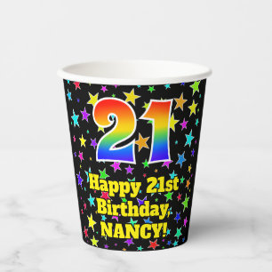 Gobelets En Papier 21e anniversaire : Fun Stars Motif et Rainbow 21