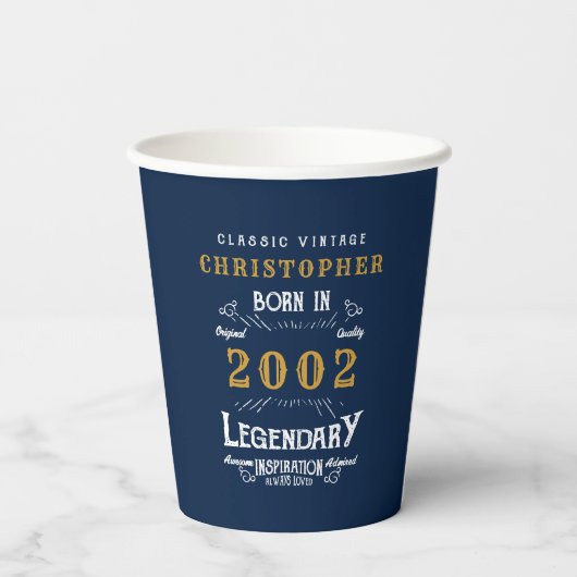 Gobelets En Papier 21e Anniversaire Né 2002 Ajouter Nom Légende Blue  (Verso)
