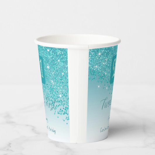 Gobelets En Papier 21st Birthday Party Gleaming Teal Blue Glitter (Droite)