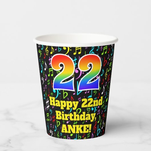 Gobelets En Papier 22e anniversaire : Fun Music Notes Motif, Rainbow (Verso)