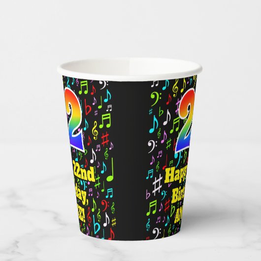 Gobelets En Papier 22e anniversaire : Fun Music Notes Motif, Rainbow (Gauche)
