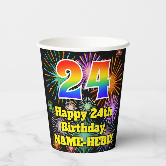 Gobelets En Papier 24ème anniversaire : Fun Fireworks Motif + Rainbow (Verso)
