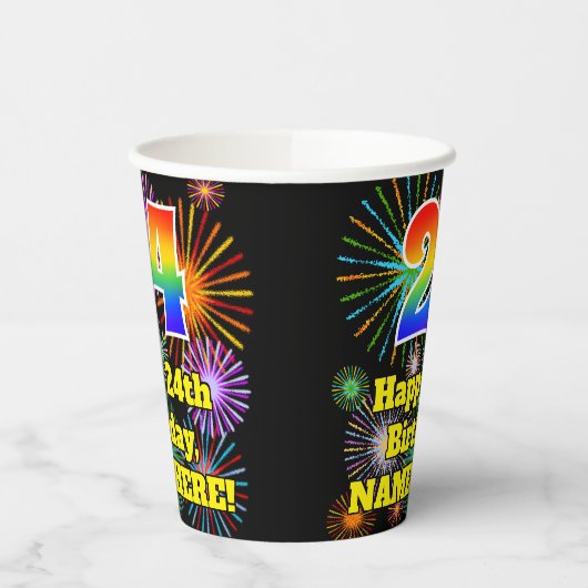Gobelets En Papier 24ème anniversaire : Fun Fireworks Motif + Rainbow (Gauche)