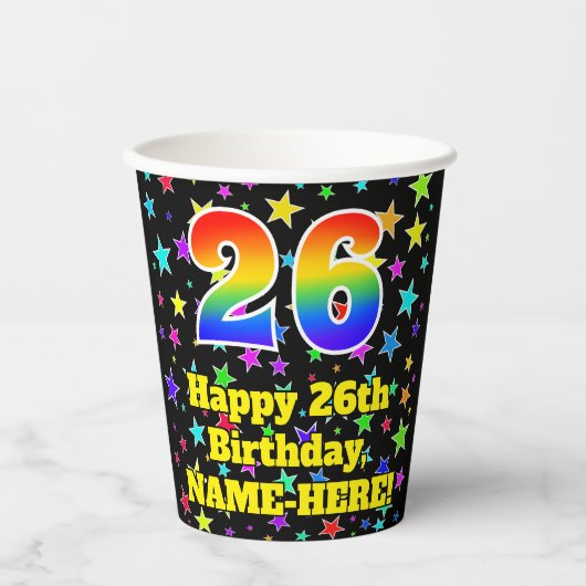 Gobelets En Papier 26e anniversaire : Fun Stars Motif et Rainbow 26 (Recto)