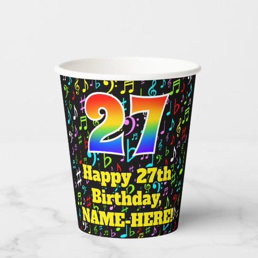 Gobelets En Papier 27e anniversaire : Fun Music Notes Motif, Rainbow  (Recto)