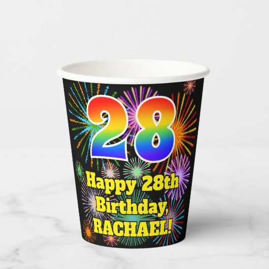 Gobelets En Papier 28e anniversaire : Fun Fireworks Motif + Rainbow 2 (Recto)