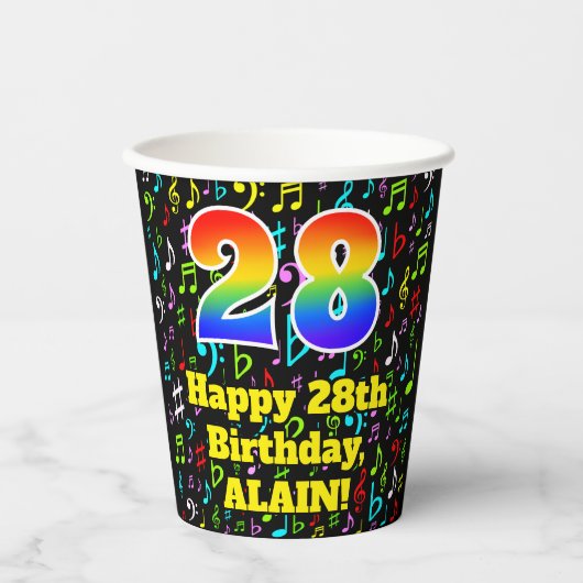 Gobelets En Papier 28e anniversaire : Fun Music Notes Motif, Rainbow (Recto)