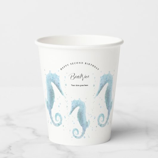 Gobelets En Papier 2e anniversaire Dusty Blue Seahorse (Verso)