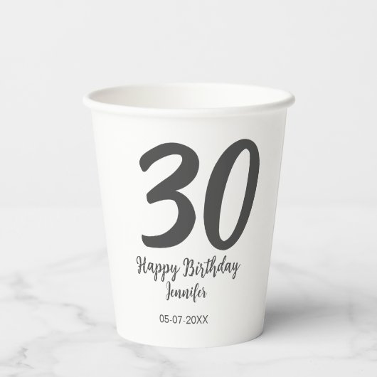 Gobelets En Papier 30e anniversaire ajouter nom date année noir modèl (Verso)