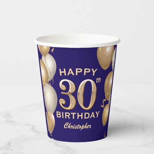 Gobelets En Papier 30e Anniversaire Marine Bleu et Ballons d'or (Verso)
