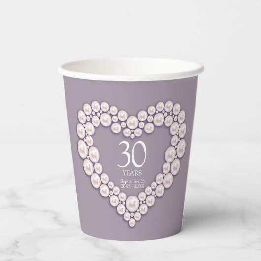 Gobelets En Papier 30e Mariage Pearl photo du coeur (Verso)