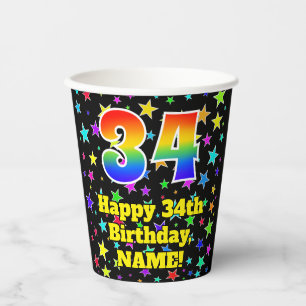Gobelets En Papier 34e anniversaire : Fun Stars Motif et Rainbow 34