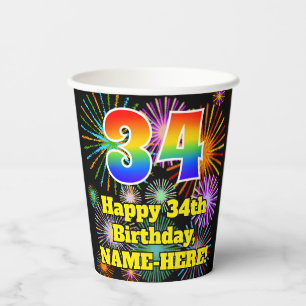 Gobelets En Papier 34ème anniversaire : Fun Fireworks Motif + Rainbow
