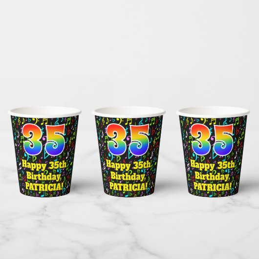 Gobelets En Papier 35e anniversaire : Fun Music Notes Motif, Rainbow  (Multi)