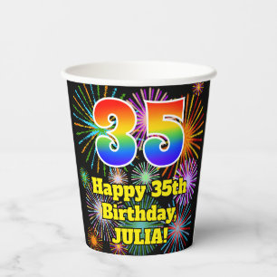 Gobelets En Papier 35ème anniversaire : Fun Fireworks Motif + Rainbow