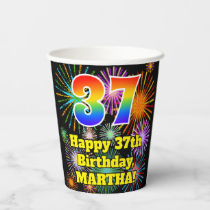 Gobelets En Papier 37ème anniversaire : Fun Fireworks Motif + Rainbow